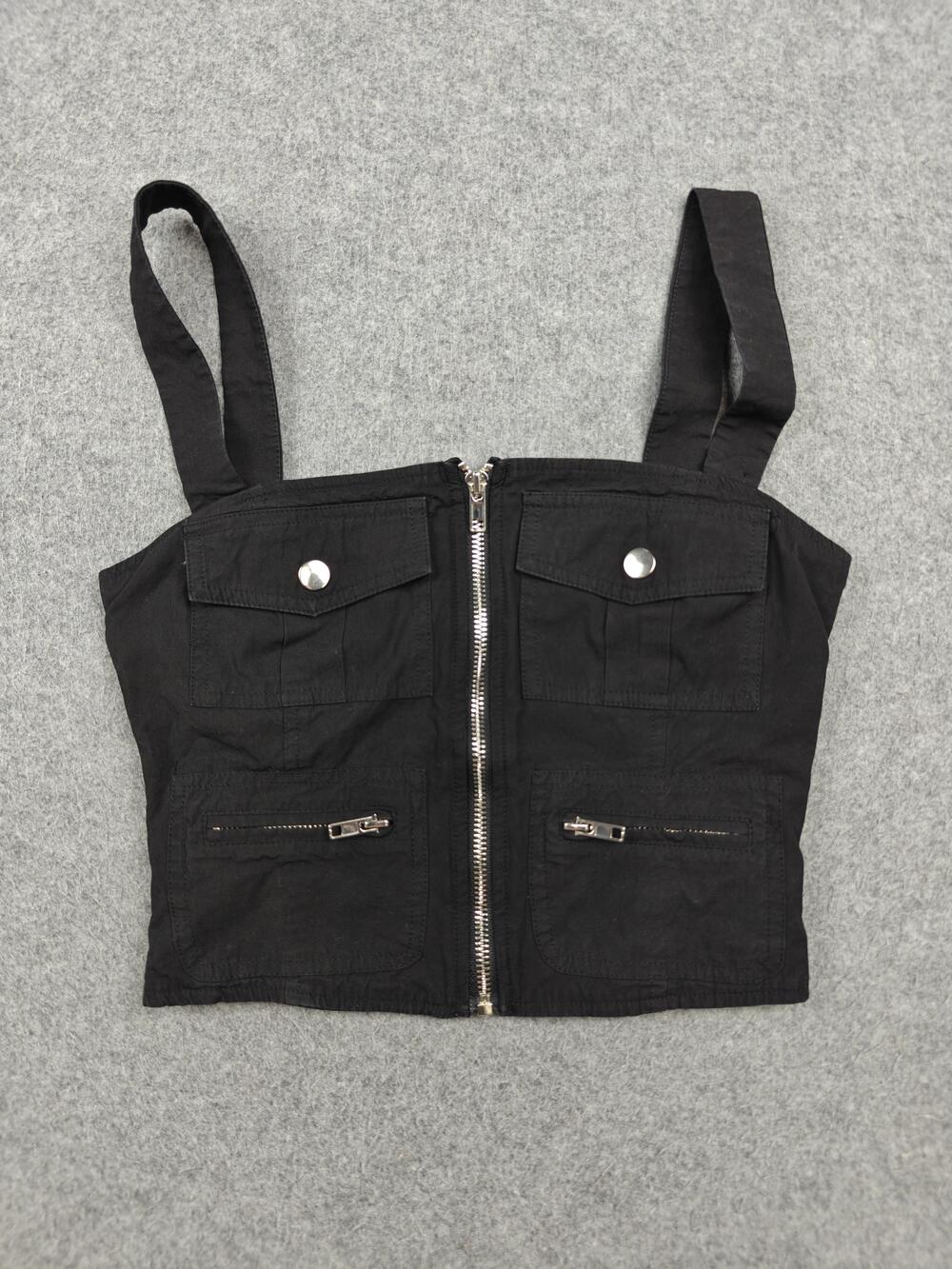 White Fox Tank Top Womens XS Black Cropped Zip Pocket Square Neck